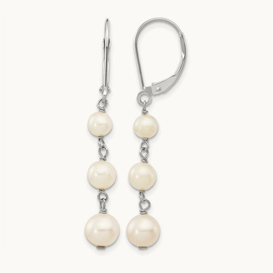 4- Semi Round White Freshwater Cultured Pearl Dangle Earrings, 6mm, 14K White Gold