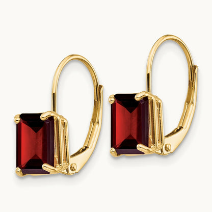 7x5mm Emerald Cut Garnet Leverback Earrings, 14K