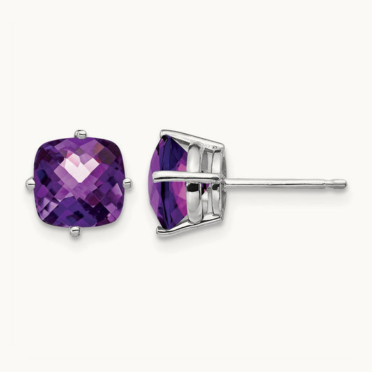 7x7mm Cushion Amethyst Checker Earring, 14K White Gold