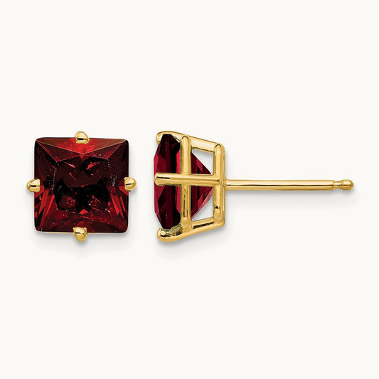 Princess Cut Garnet Earrings, 7mm, 14K