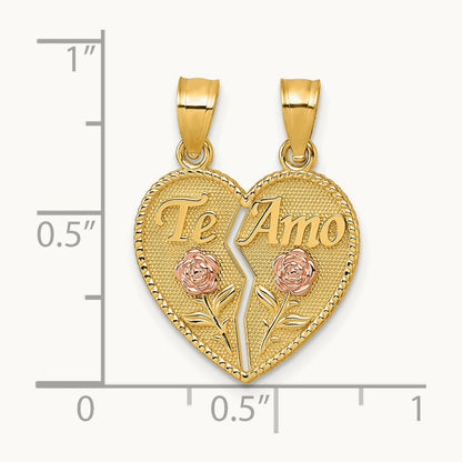 Break Apart Heart With Te Amo And Roses Pendant, 14K Two-tone