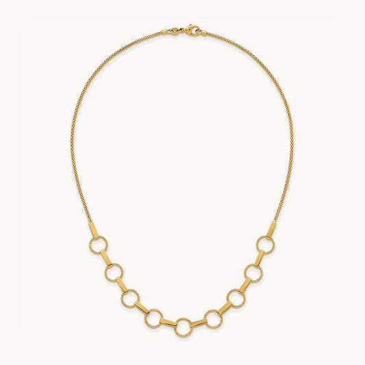 Polished and Textured Circles and Bars Necklace, 14K