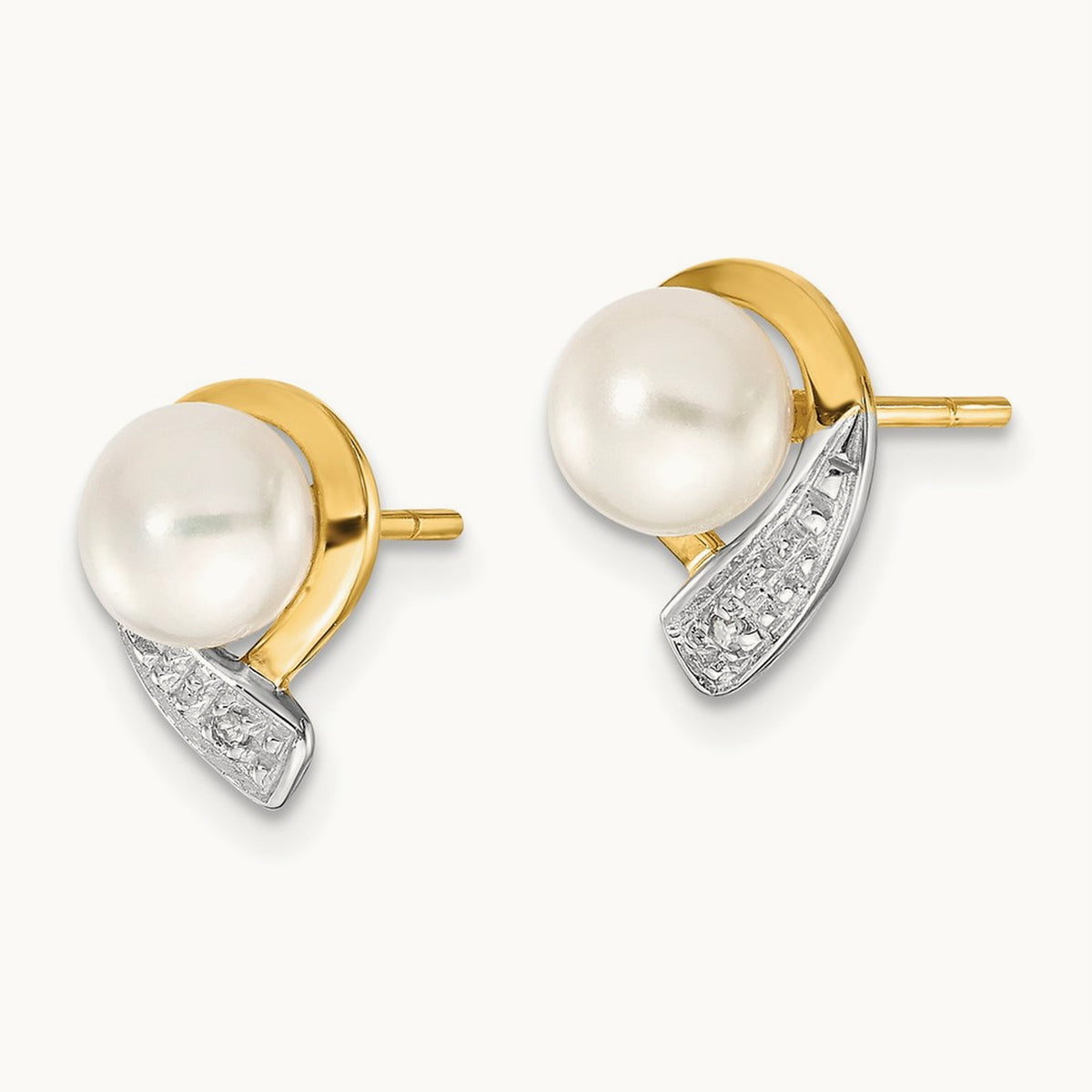5- White Button FWC Pearl .01ct Diamond Post Earrings, 6mm, 14K