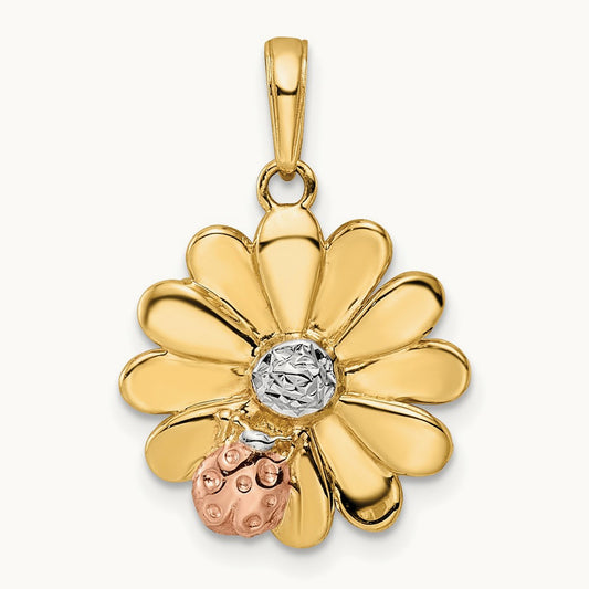 w/White and Rose Rhodium Diamond-cut Ladybug on Flower Pendant, 14K