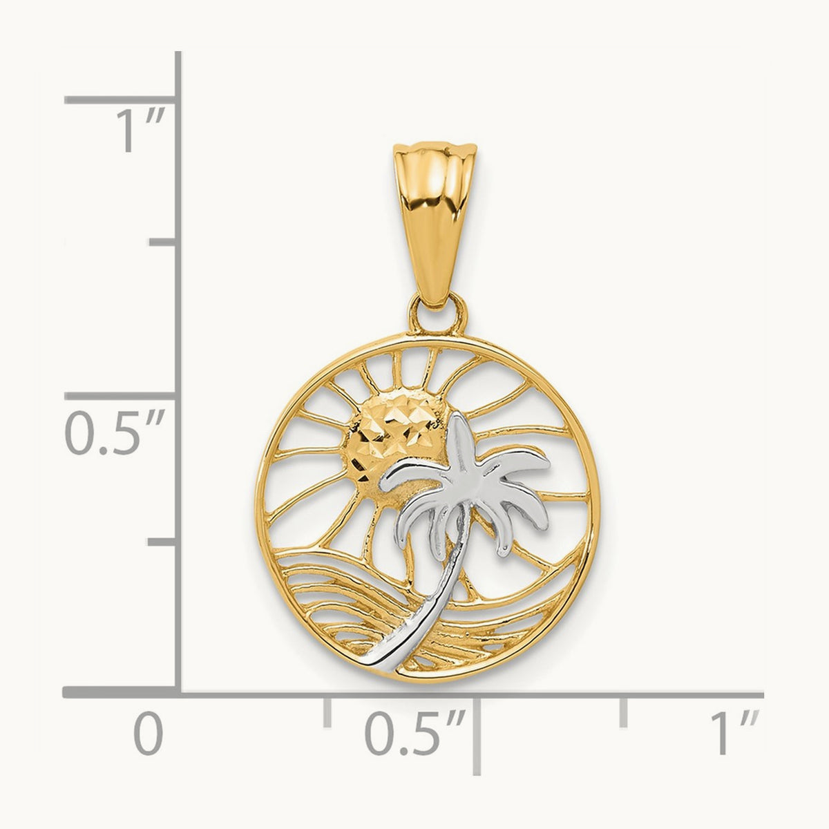 Ocean and Palm Tree Round Pendant, 14K with White Rhodium