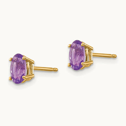 6x4 Oval February/Amethyst Post Earrings — 14K Yellow Gold
