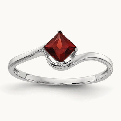 Princess Cut Garnet Ring — 14K White Gold