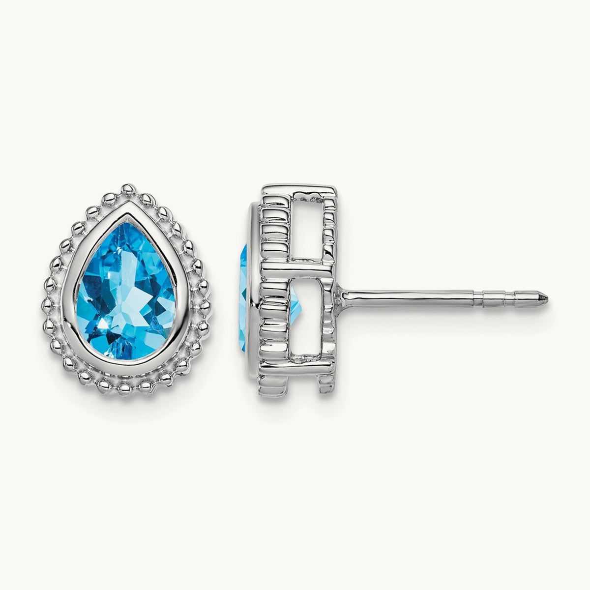 Pear Blue Topaz Post Earrings — 14K White Gold