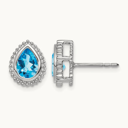 Pear Blue Topaz Post Earrings — 14K White Gold