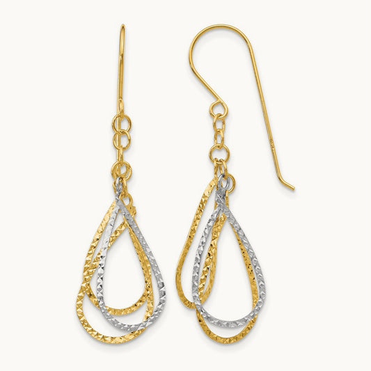 Diamond Cut Tear Drop Shepherd Hook Earrings — 14K Two-Tone Gold