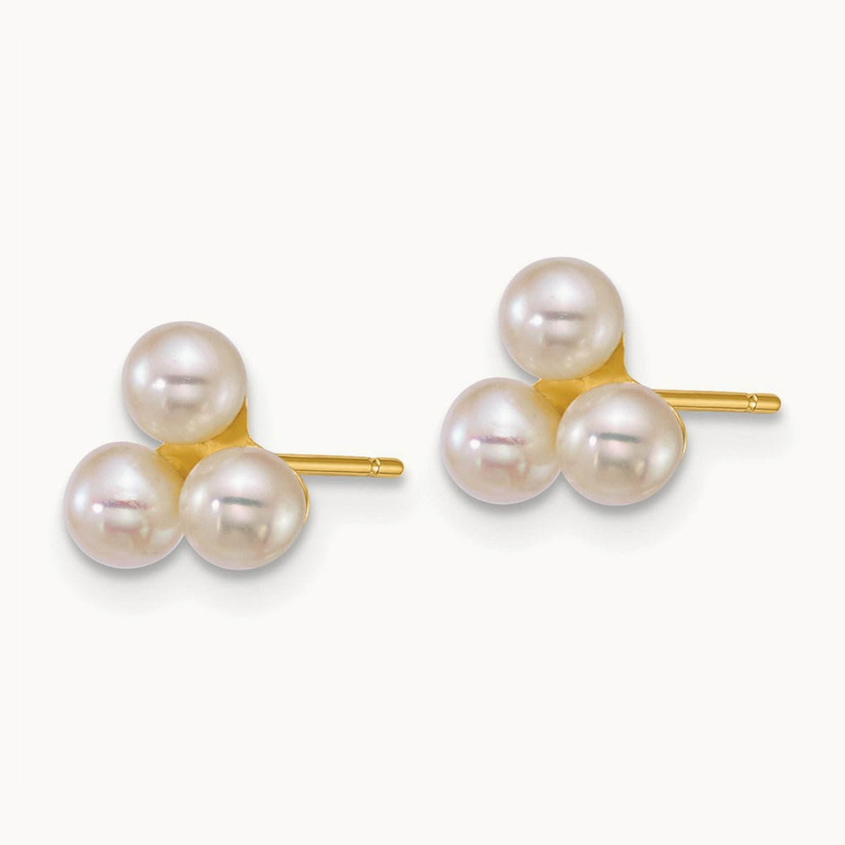 3- Button White Freshwater Cultured 3 Pearl Post Earrings, 4mm, 14K