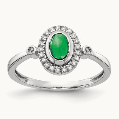 Diamond and Oval Cabochon Emerald Halo Ring, 14K White Gold