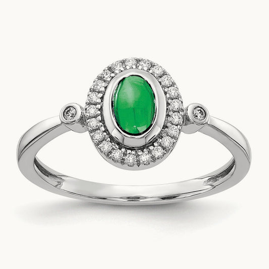 Diamond and Oval Cabochon Emerald Halo Ring, 14K White Gold