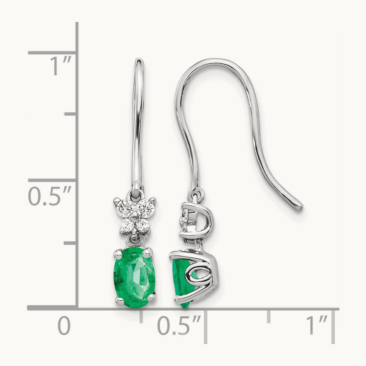 1/8ct Diamond and Oval Emerald Dangle Earrings, 14K White Gold