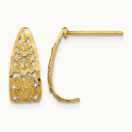 D/C Flower J-Hoop Post Earrings, 14K