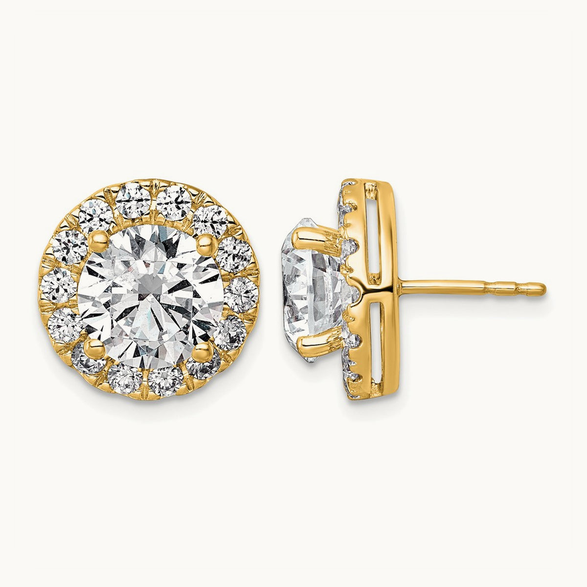 Round Halo Post Earrings, 0.50-7.50 ct tw Lab-Grown Diamond — 6 1/4 ct, 14K Yellow Gold