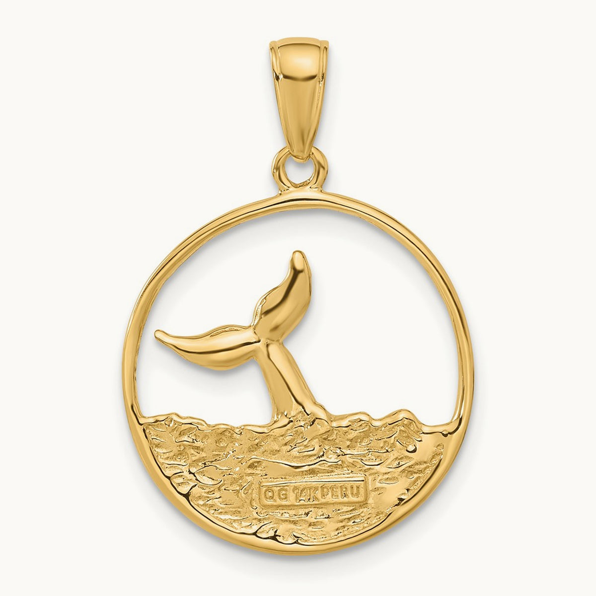 Whale Tail in Circle with Waves Pendant, 14K