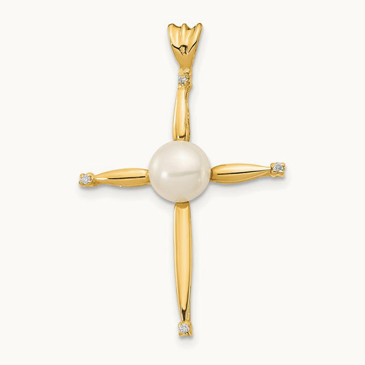 6- White Button FW Cultured Pearl .02ct Diamond Cross Pendant, 7mm, 14K