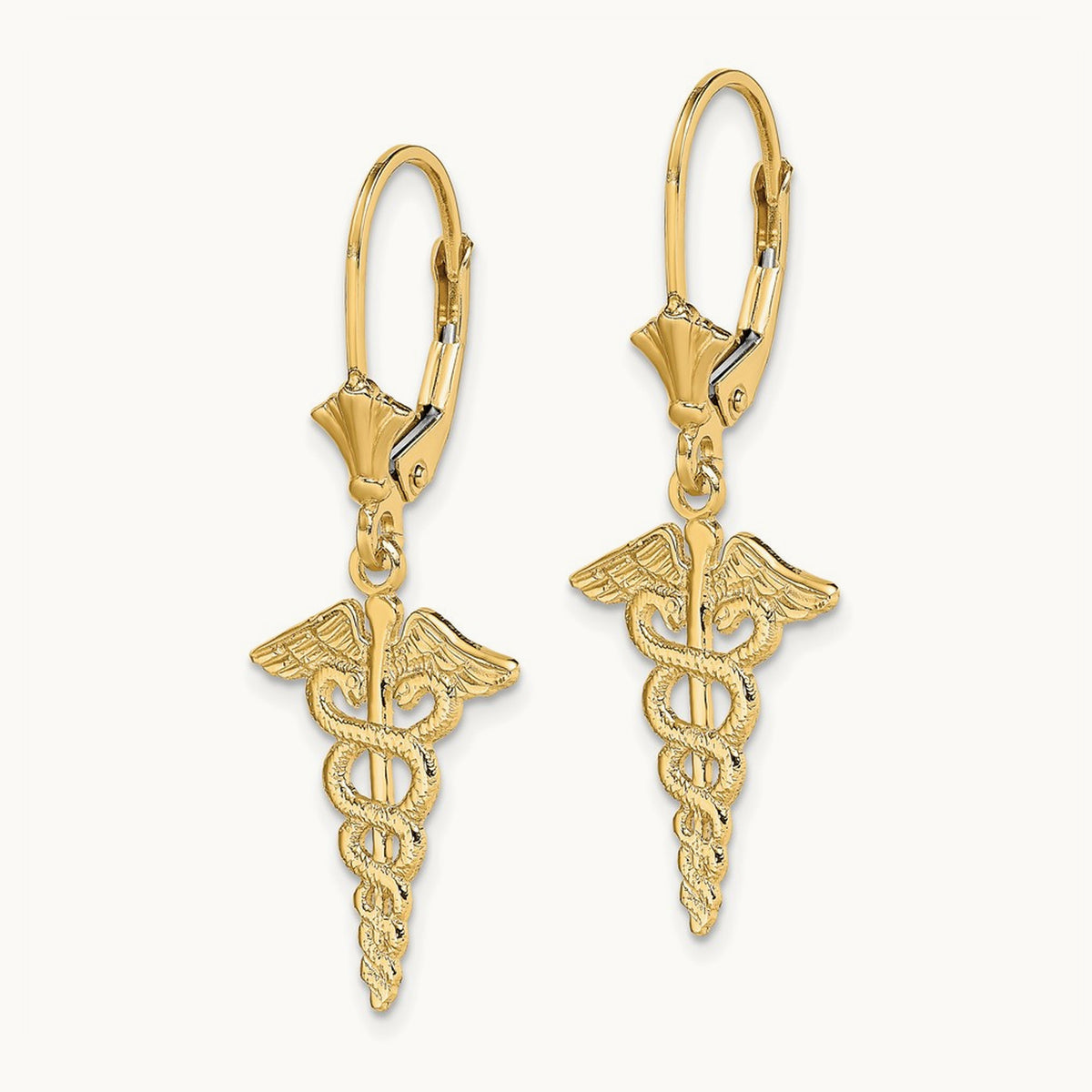 Caduceus Leverback Earrings, 14K