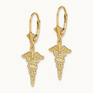 Caduceus Leverback Earrings, 14K