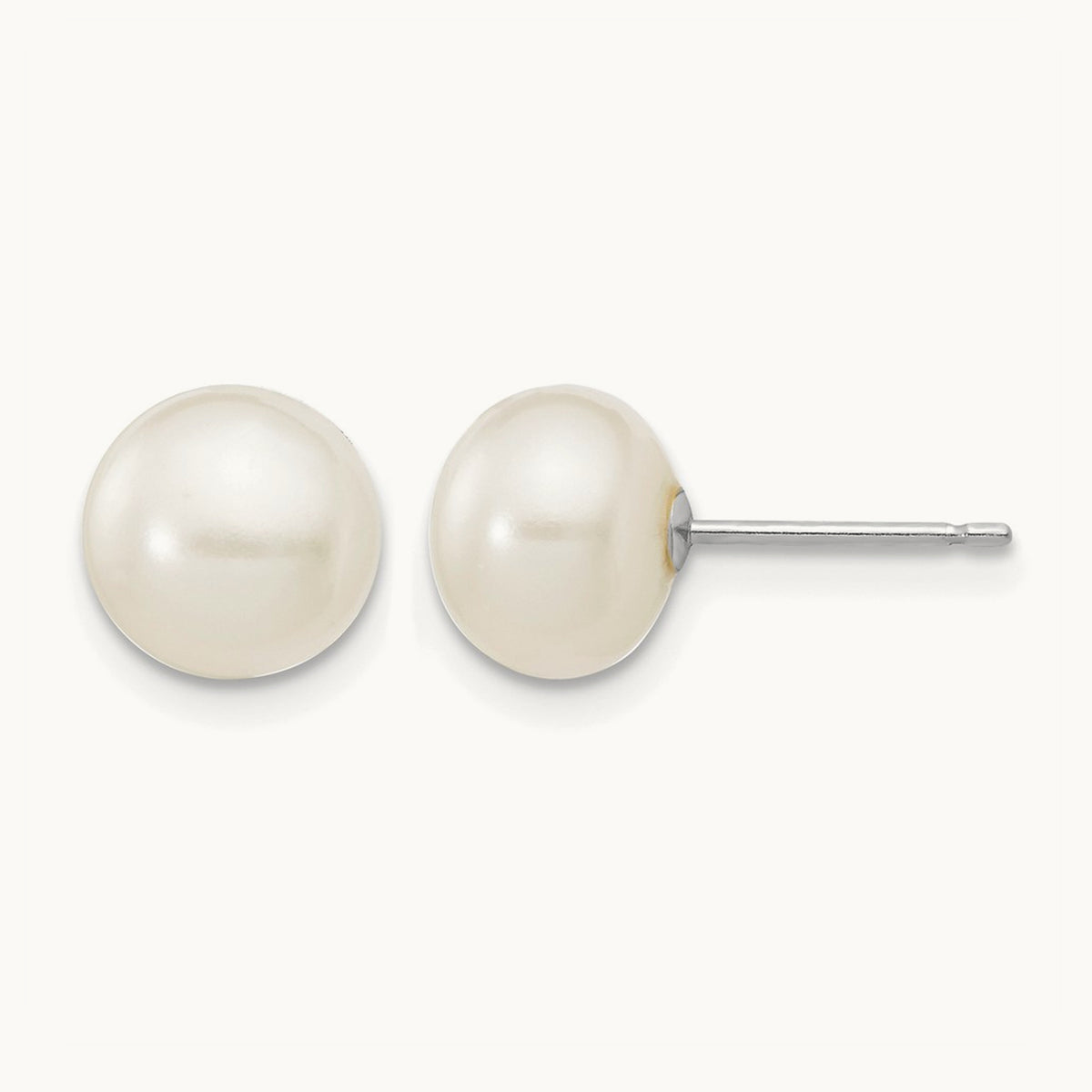 WG 7- White Button FW Cultured Pearl Stud Post Earrings, 8mm, 14K