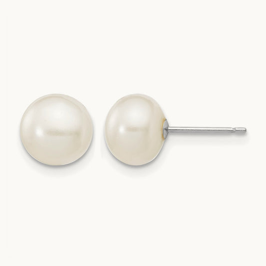 WG 7- White Button FW Cultured Pearl Stud Post Earrings, 8mm, 14K