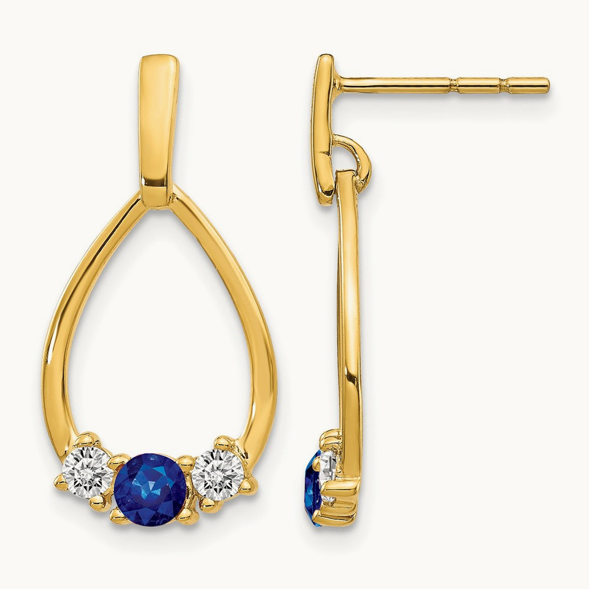 Blue and White Sapphire Post Dangle Earrings, 14K