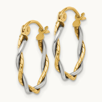 Twisted Dual Band Hoop Earrings — 14K Two-Tone Gold, 12mm, 1.8mm