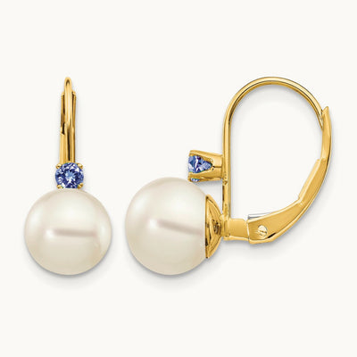 7- White Round FW Cultured Pearl Tanzanite Leverback Earrings, 7.5mm, 14K
