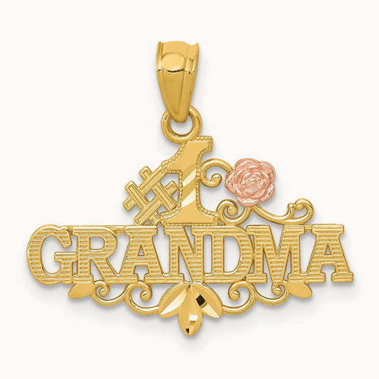 & Rose Diamond-cut #1 GRANDMA w/Rose Pendant, 14K Yellow