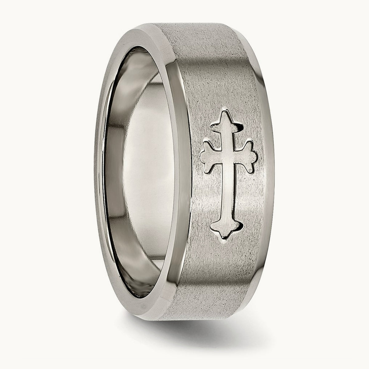 Titanium Brushed Center Cross Design 8mm Beveled Edge Band