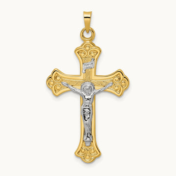 Polished Solid INRI Fleur de Lis Crucifix Pendant, 14K Two-tone