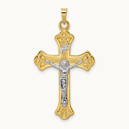 Polished Solid INRI Fleur de Lis Crucifix Pendant, 14K Two-tone