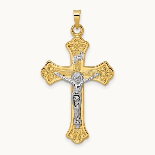 Polished Solid INRI Fleur de Lis Crucifix Pendant, 14K Two-tone
