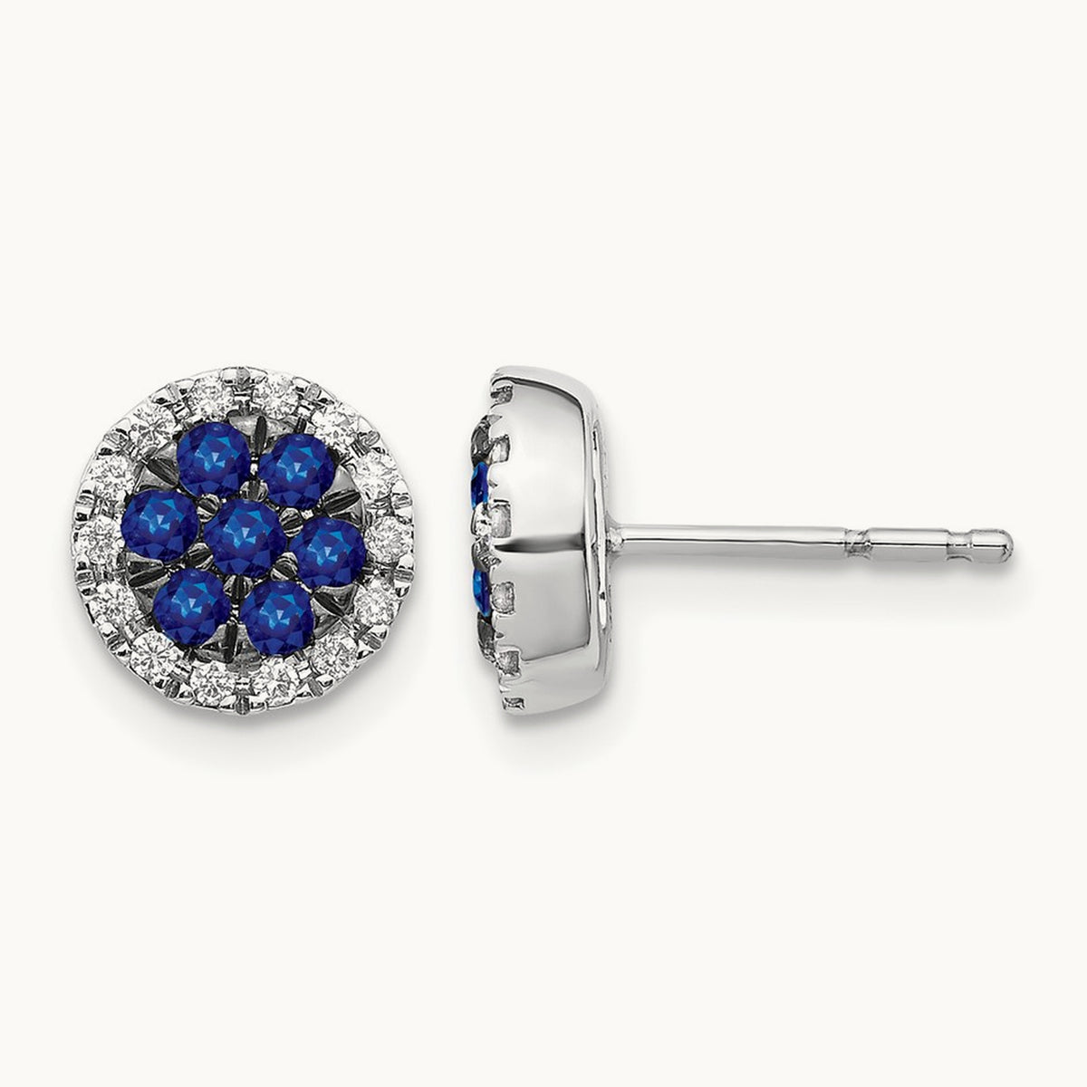 Diamond and Sapphire Circle Post Earrings, 14K White Gold