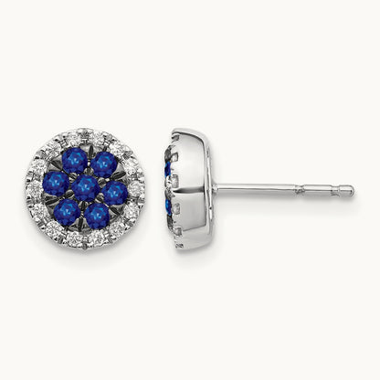 Diamond and Sapphire Circle Post Earrings, 14K White Gold