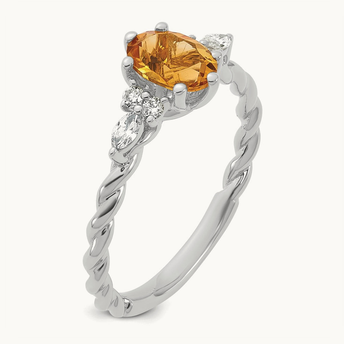 Polished Diamond and Citrine Twisted Ring — 14K White Gold