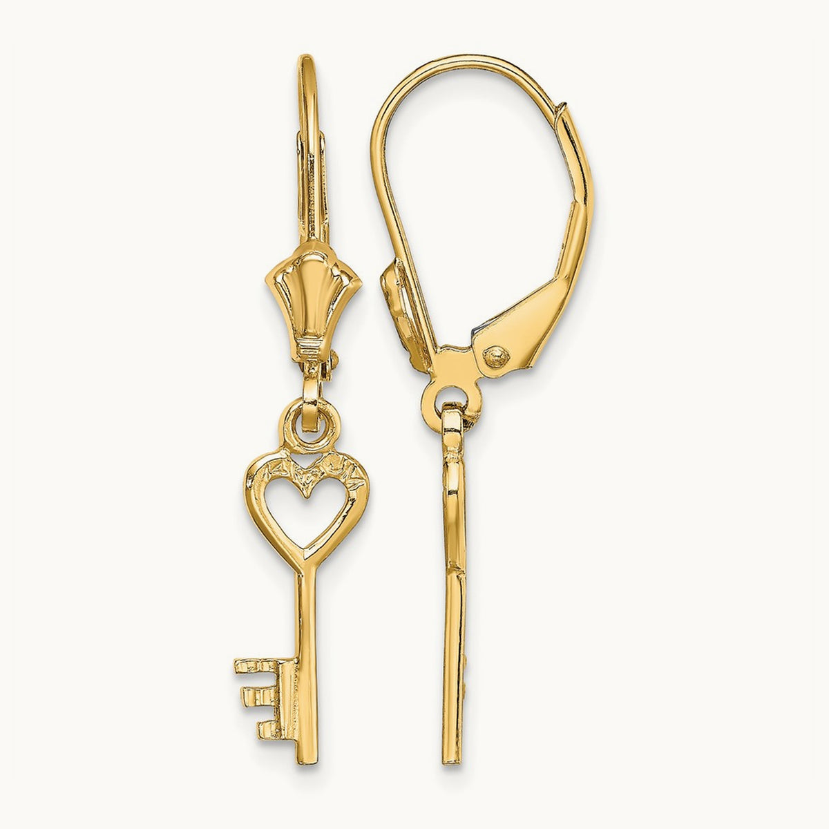 Polished Heart Key Leverback Earrings — 14K Yellow Gold