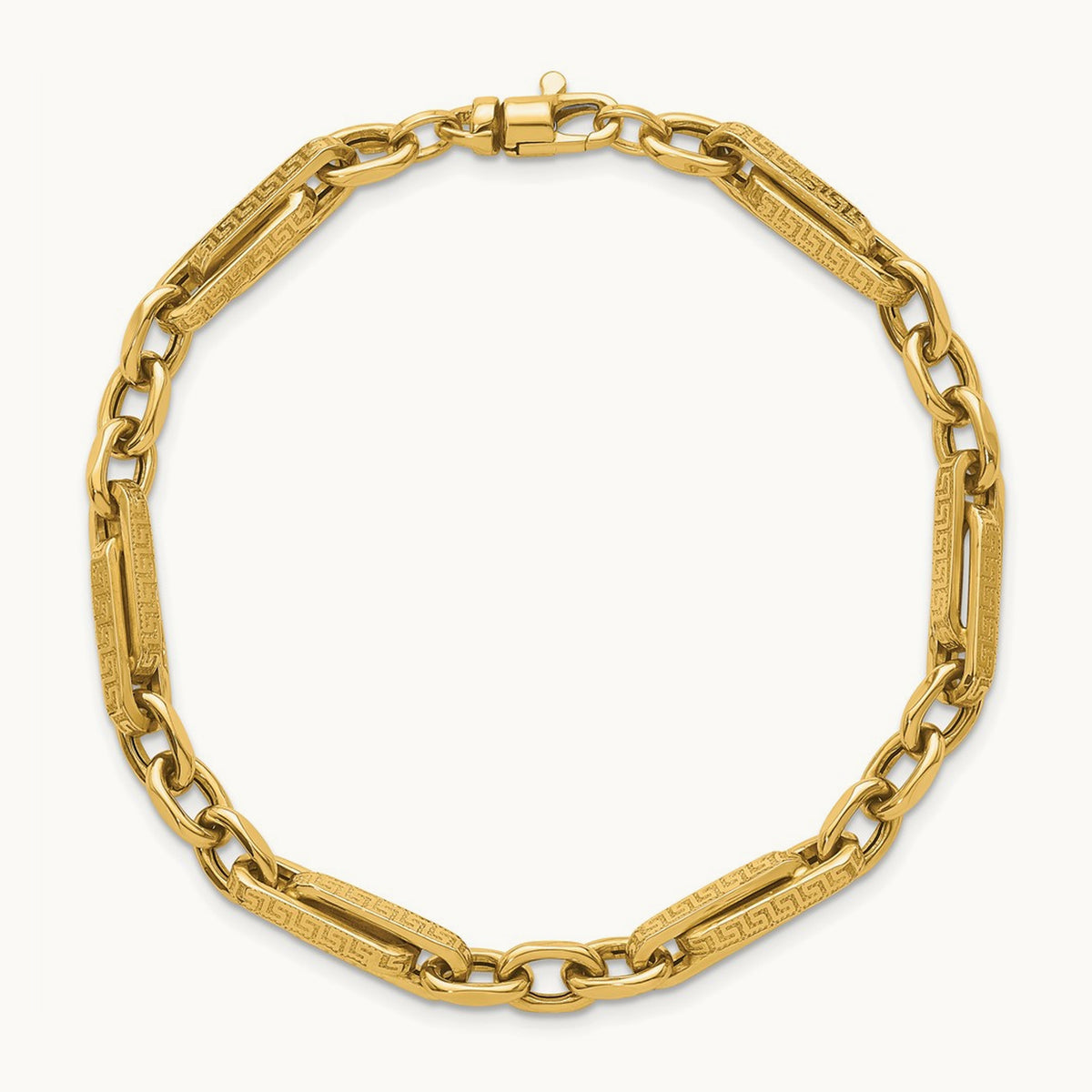 Polished & Textured Greek Key Design 7.75 in Bracelet, 14K