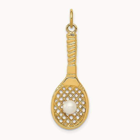 Tennis Racquet W/FW Cultured Pearl Charm, 14K