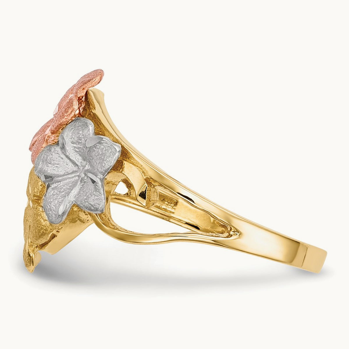 w/White Rhodium Polished & Satin D/C 4-Plumeria Ring, 14K Two-tone