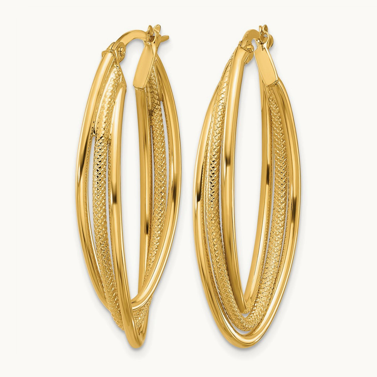 Polished and Textured Triple Oval Twist Hoop Earrings, 10K — Leslie's