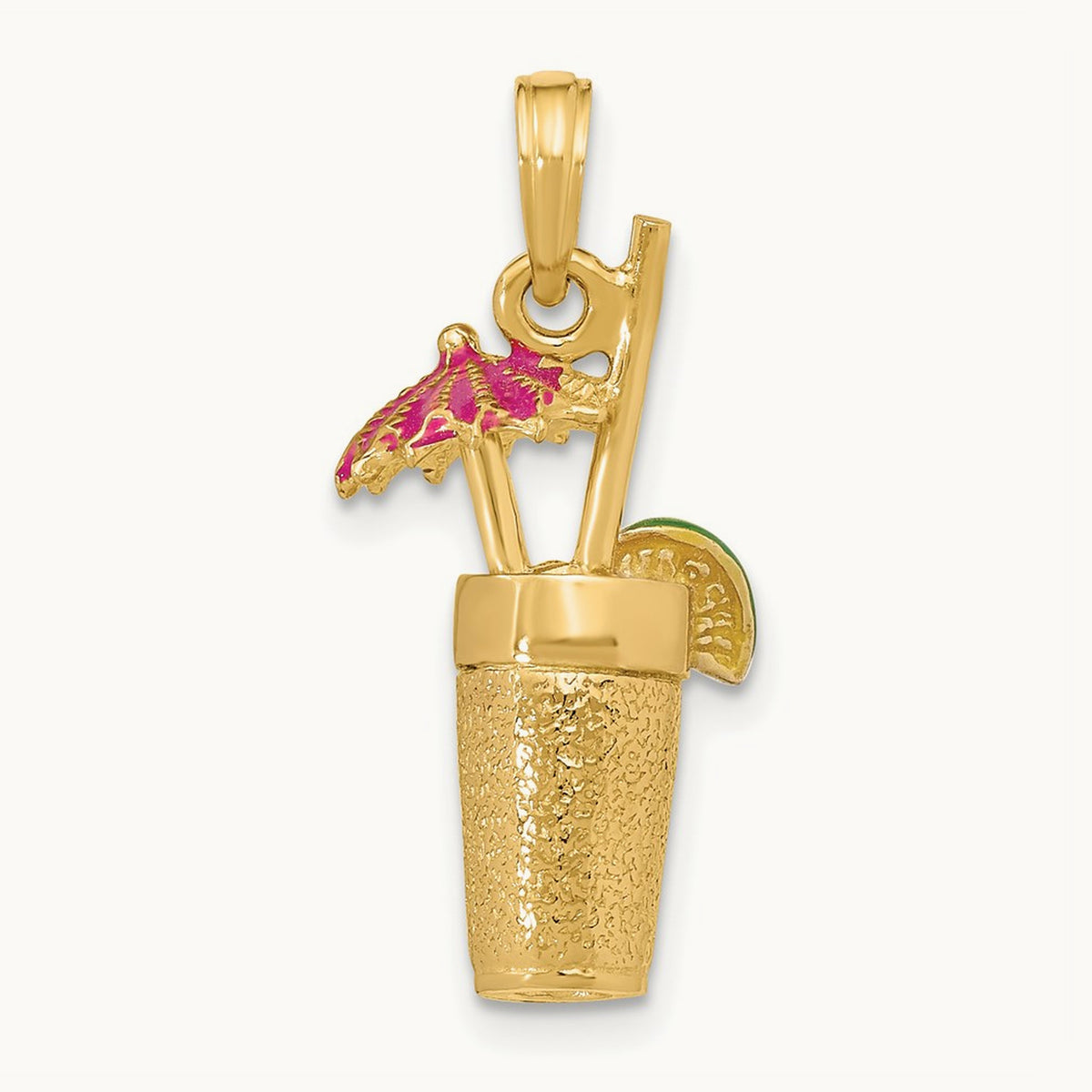 3-D Cocktail Drink w/Fuschia Enamel Umbrella and Lime Charm, 14K