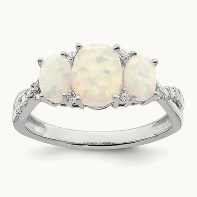 Created Opal and Diamond 3-stone Ring, 14K White Gold