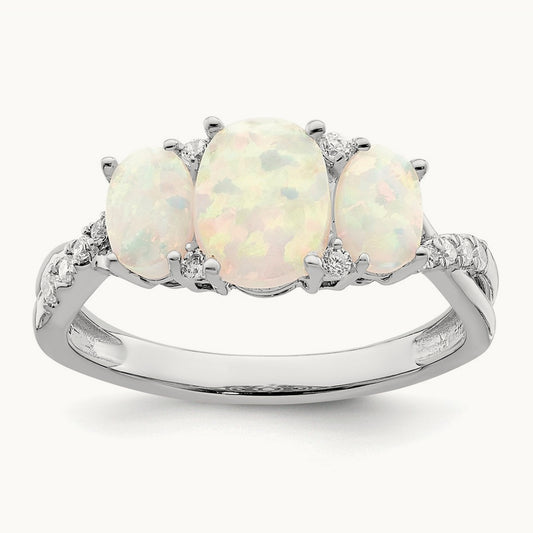 Created Opal and Diamond 3-stone Ring, 14K White Gold