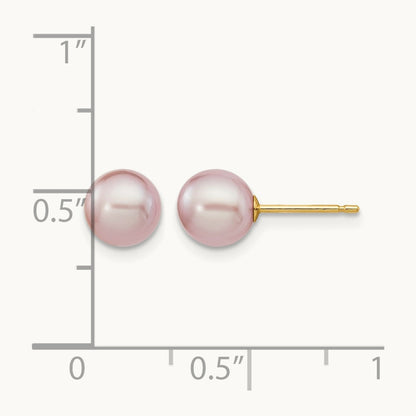 6- Purple Round Freshwater Cultured Pearl Stud Post Earrings, 7mm, 14K