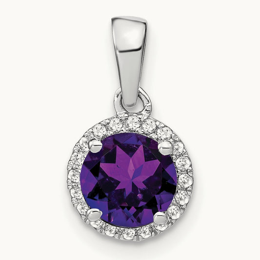 Amethyst and Diamond Halo Pendant, 14K White Gold