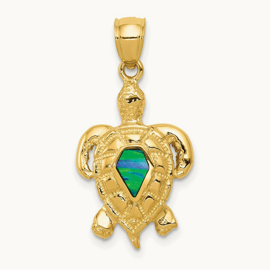 Polished Created Blue Opal Turtle Pendant, 14K