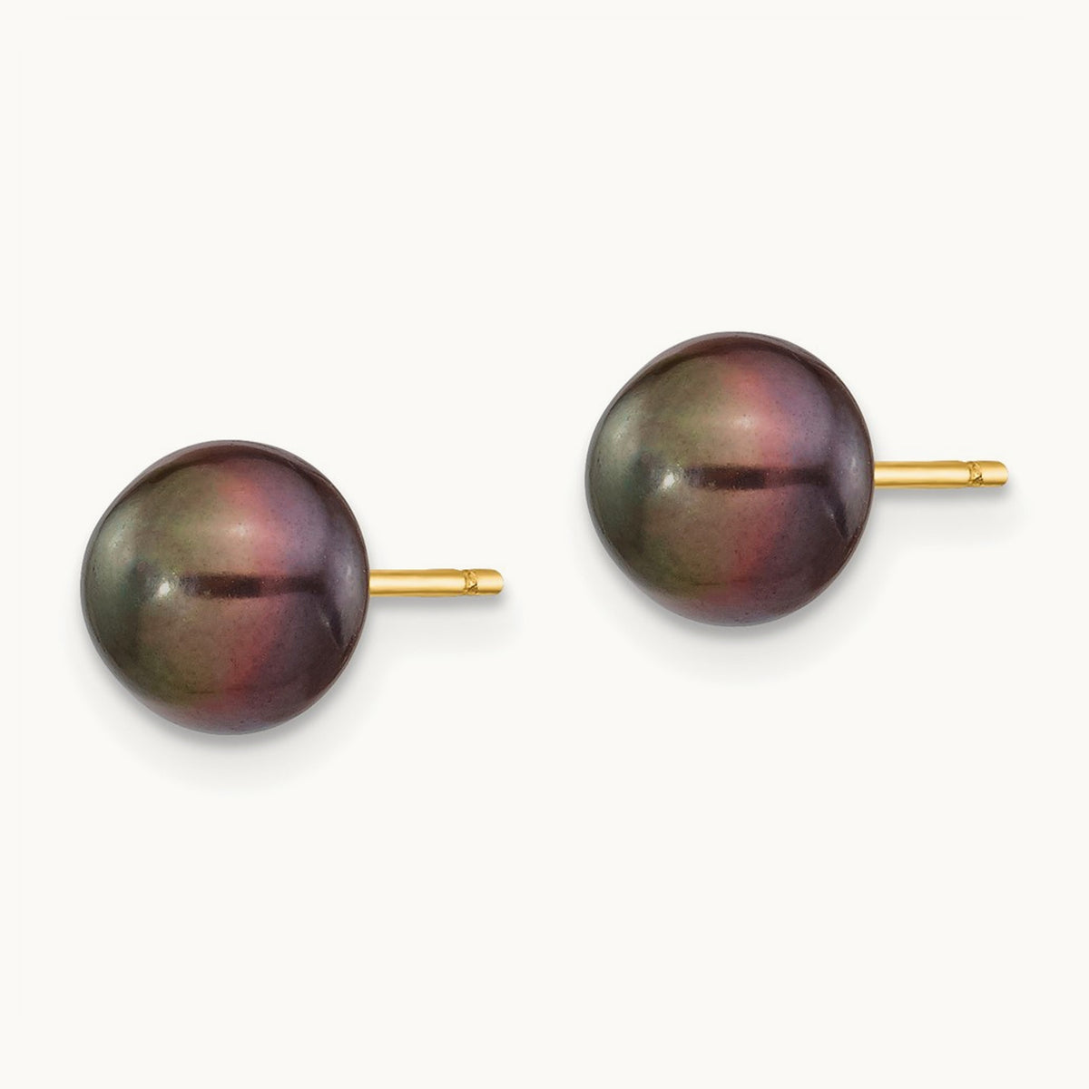 Black Button Freshwater Cultured Pearl Stud Post Earrings — 14K Yellow Gold