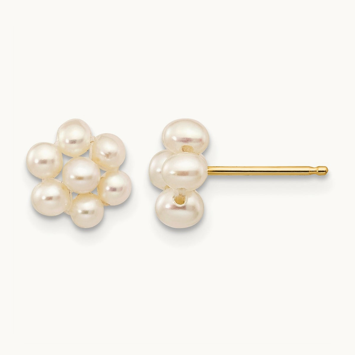 2- White Egg Freshwater Cultured Pearl Flower Earrings, 3mm, 14K